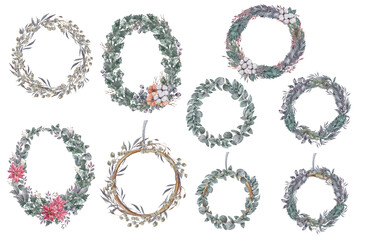 Watercolor flower wreaths with winter plants-eucalyptus, poinsettia, cotton flower. Can be used for wedding invitation, printing postcards, Christmas poster, greeting card, winter holidays, monograms
