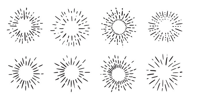 Firework hand drawn icons set. Sun rays images. Vector.