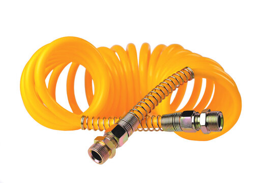pneumatic hose of a truck for supplying compressed air from a tractor to a trailer, car accessories, car parts, yellow color  white background