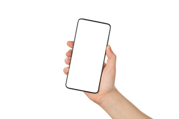 Close up photo of girl hand holding smart phone without frame in hand in angled position isolated on white color background