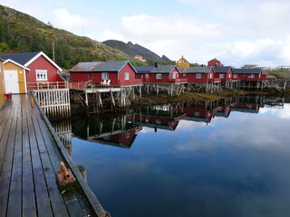 The wooden houses of the village of Tind, on the south of the Lofoten islands. In the beginning of september 2020.