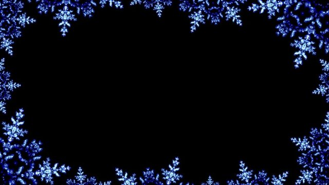 Blue frosty Christmas snowflakes loop bokeh lights effect frame against a black background.