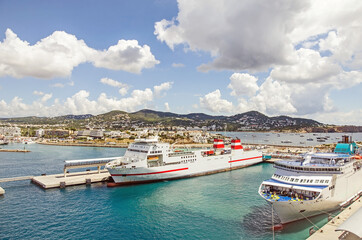 Fototapeta na wymiar Ferries in the port of Ibiza, Spain