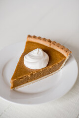 piece of pumpkin pie on white