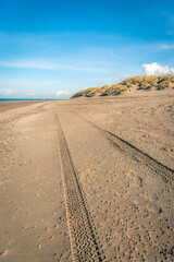 Vertical image of a blue sky and an empty beach at the foot of dunes. From the bottom of the image to seemingly infinity, wheel marks have been printed in the sandy beach.