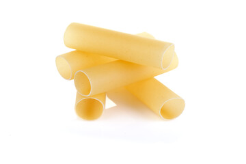 Italian pasta for tubes cannelloni. Close-up of a of raw cannelloni pasta, a tubular pasta that is usually stuffed with meat or vegetables, on a white background.