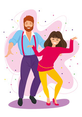DANCING COUPLE. REDHEAD BEARED MAN IN BLUE SHIRT, PURPLE PANTS AND DARK-HAIRED GIRL IN PINK BLOUSE AND YELLOW LEGGINGS