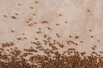 Buckwheat groats closeup. Grains of raw buckwheat as a abstract background texture.