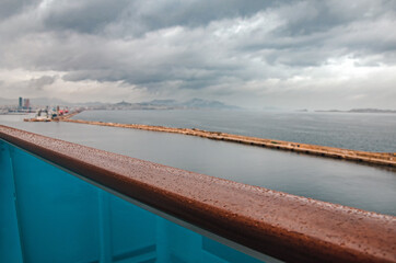 View from the balcony of the cruise ship at rainy day