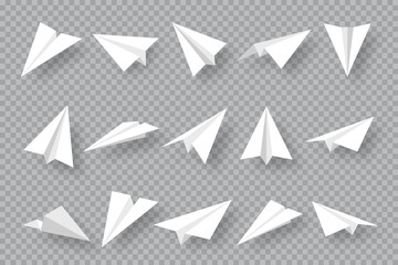 Realistic handmade paper planes collection on transparent background. Origami aircraft in flat style. Vector illustration.