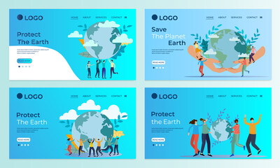A set of landing page templates.The concept of protecting the planet Earth and the ozone layer.Templates for use in mobile app development.Flat vector illustration. - obrazy, fototapety, plakaty