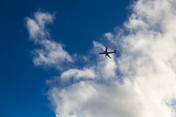 plane into the blue sky with white clouds 