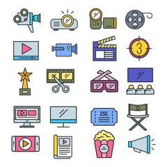 Cinematography items vector illustrations set. Movie production, film, cinema concept. Flat icon set.