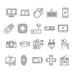 Technology products and electronics icons set. Line vector illustration.