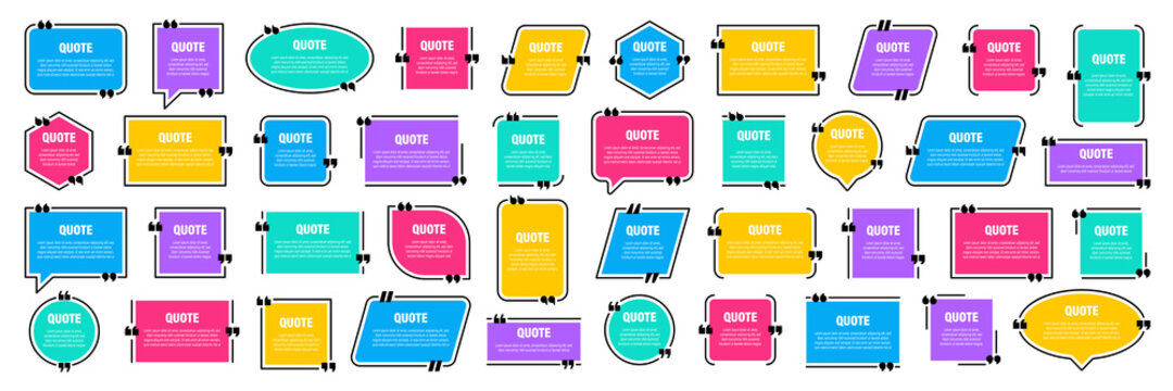 Set of colorful isolated quote frames. Speech bubbles with quotation marks. Blank text box and quotes. Blog post template. Vector illustration.