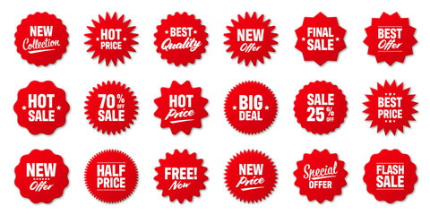 Realistic red price tags collection. Special offer or shopping discount label. Retail paper sticker. Promotional sale badge. Vector illustration.