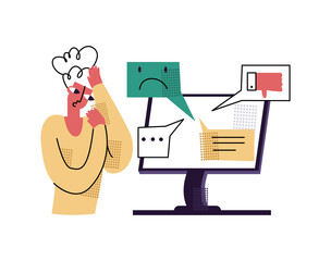 Vector flat illustration with concept bullying, aggression, anger in comments, social networks, online. Image shows woman who is scared and worried about bad, aggressive responses comments in form of 