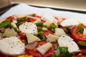 Homemade fresh italian pizza dough with mozzarella, green peppers, oregano, french cheese and marinara sauce. Ready to be baked in the pizza oven.