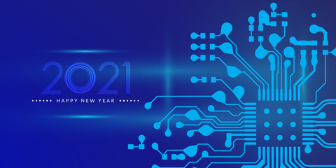 2021. Happy new year 2021 text design with circuit board technology background