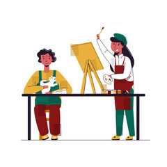 Vector flat illustration with concept of children s Amateur activities. It shows girl drawing picture on easel, boy sculpting dinosaur sculpture out of clay.