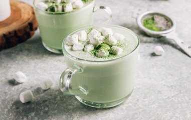 Homemade Matcha latte, green tea with coconut milk and marshmallow on concrete background.