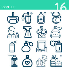 Simple set of 16 icons related to perfume samples