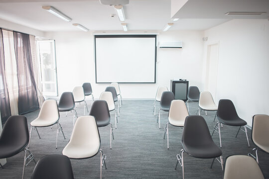 Empty Conference Room With Gray Seats