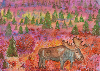 Mixed media painting of moose, guardian of the forest, against colorful fall shrub and evergreen background