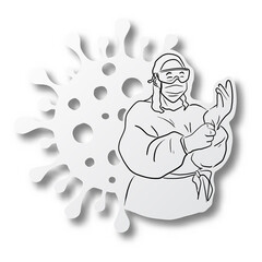 Vector black line hand drawn of doctor in ppe suit wearing gloves on Covid-19 virus shape cut paper with shadow isolated on white background. Paper art. Health concept.
