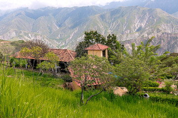 View of a colonial-style peasant house surrounded by vegetation.