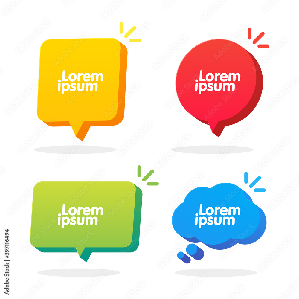 Poster 3d speech bubble shapes set. vector cloud, square, circle and rectangle chat box banner.