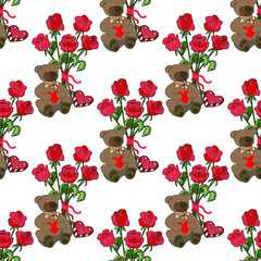 Valentine's seamless pattern with red roses and Valentine's bear