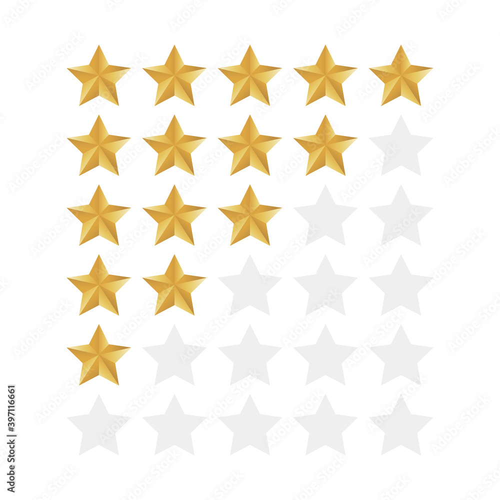 Poster 3d five stars rating icon set. isolated quality rate status level for web or app. vector illustratio