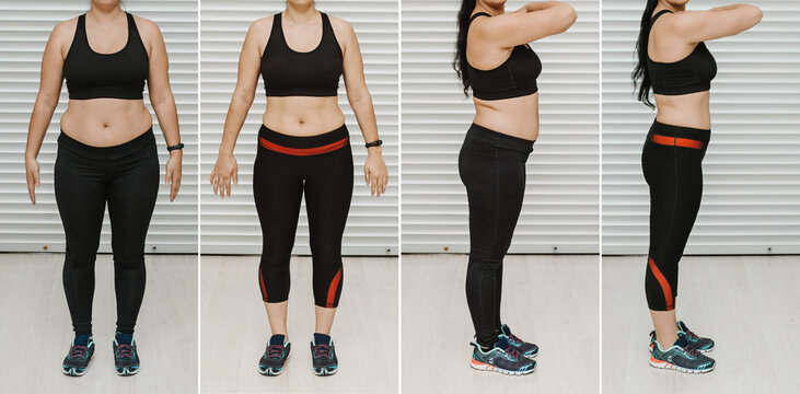 Woman posing before and after weight loss diet