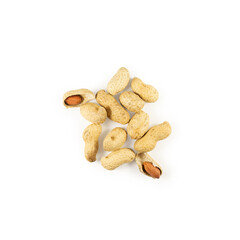 A handful of peanuts on a white background