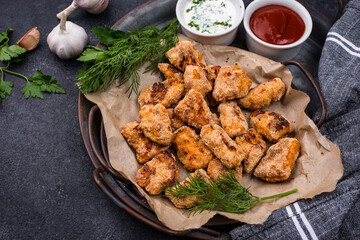 Baked chicken nuggets with sauces