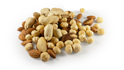 A handful of nuts on a white background