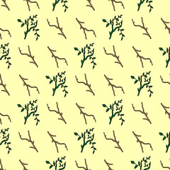 Monochrome seamless pattern of floral motifs, doodles, object, leaves and branch. Hand drawn endless ornate.