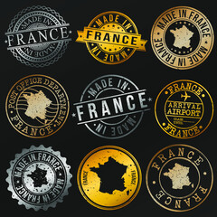 Quality France Metal Stamps. Gold Made In Product Seal. National Logo Icon. Symbol Design Insignia Country.