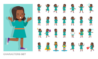 Set of kid character vector design. Girl wear green T-shirt and playing. Presentation in various action with emotions, running, standing and walking.