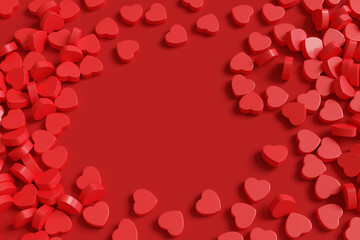 Red hearts scattered on a red background. 3d illustration.