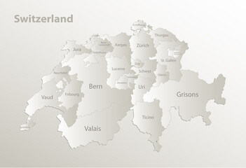 Switzerland map administrative division separates regions and names, card paper 3D natural vector