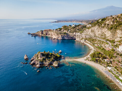 Isola Bella at Taormina, Sicily, Aerial view of the island and Isola Bella beach and blue ocean water in Taormina, Sicily, Italy Europe