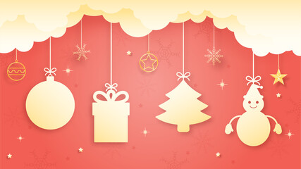 Merry Christmas wish background. Bank ornament, gift box, Christmas tree, snowman hanging. Vector art illustration