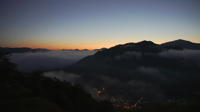 Asago city covered in mist in the morning at Takeda Castle Ruins
