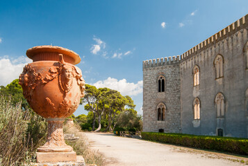 Landmarks of Sicily: ornamental ceramic vases in the external garden of the Donnafugata Castle, Ragusa, Sicily