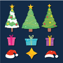 merry christmas pine trees gifts and santas hats vector design