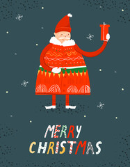 Greeting card with cartoon baby Santa Claus. Cute modern Christmas and New Year card. Vector texture cute hand drawn illustration.