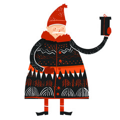 Santa Claus in a scandinavian cute style with ornaments. Hand drawn vector illustration in hand drawn style.