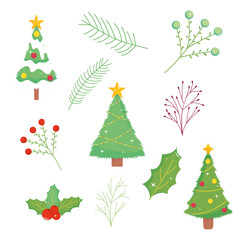 merry christmas pine trees leaves and berries vector design